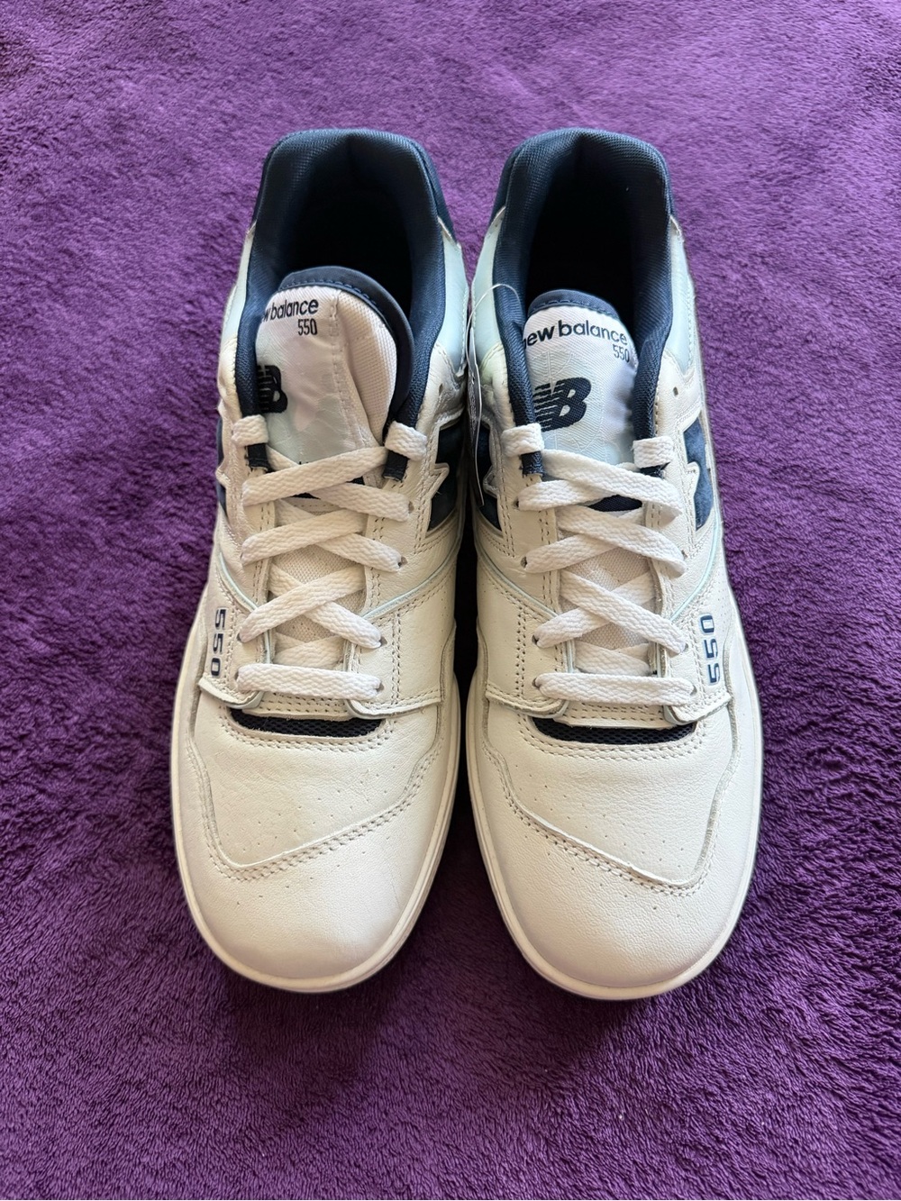 New Balance 550 Men's White with Navy Accent Sneakers - Picture 3 of 5